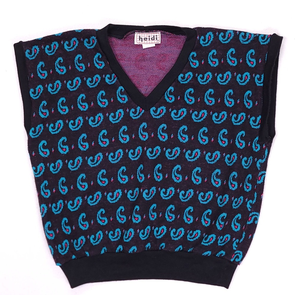 Heidi Vintage 80s Paisley Knit Sweater Vest V-Neck Sleeveless Black‎ Teal Pink L